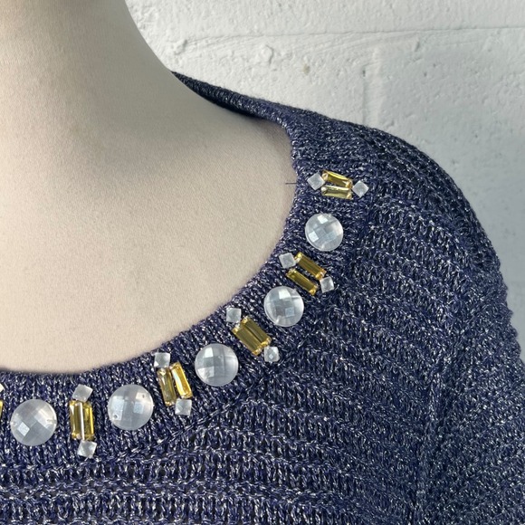 Ruby Rd woman Navy Blue Metallic Beaded Fringe Knit Sweater Plus Size 2X - Picture 2 of 7
